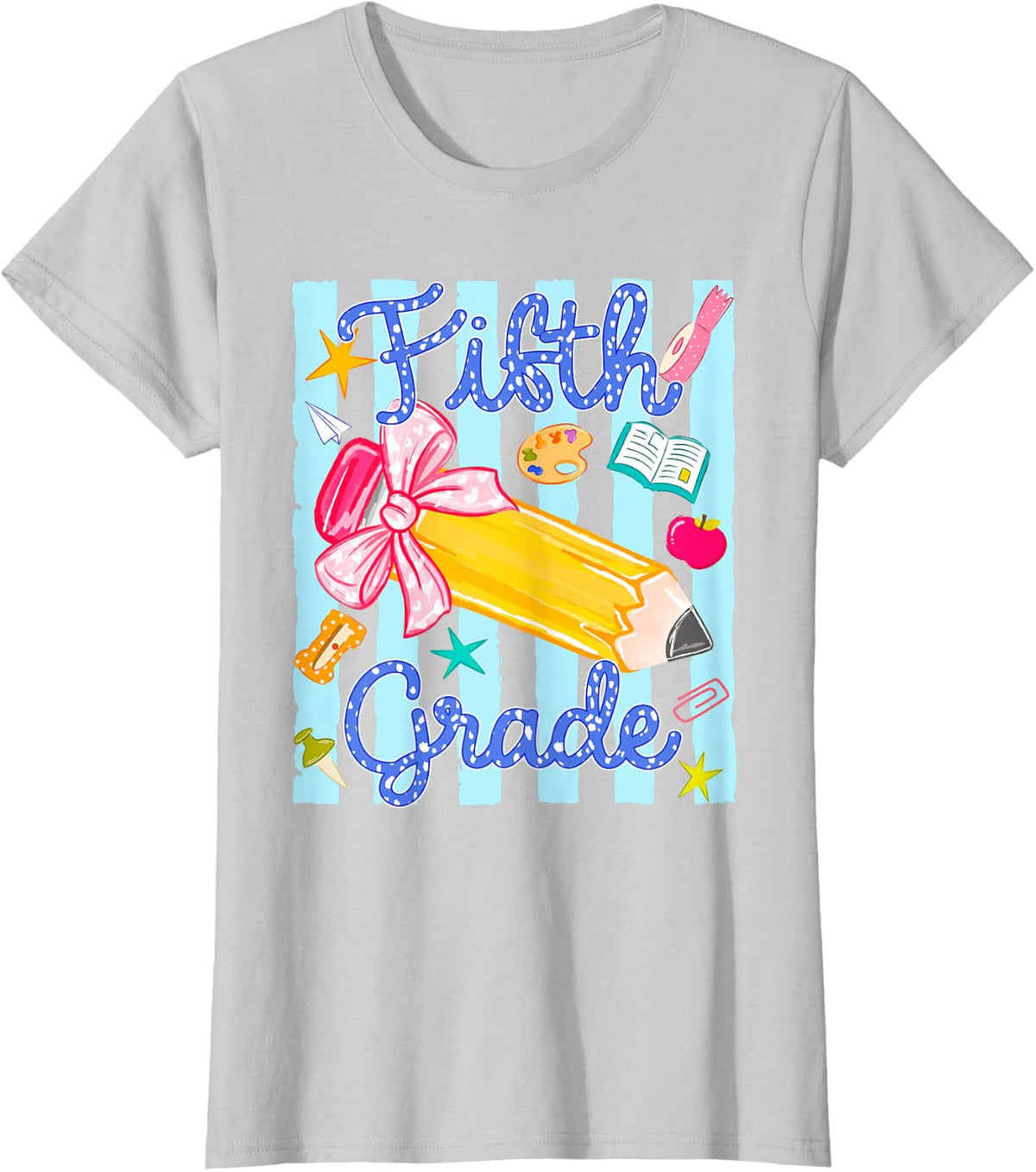 Preppy Fifth Grade Coquette Bow Back to School Teacher Kids T-Shirt - Silver Grey