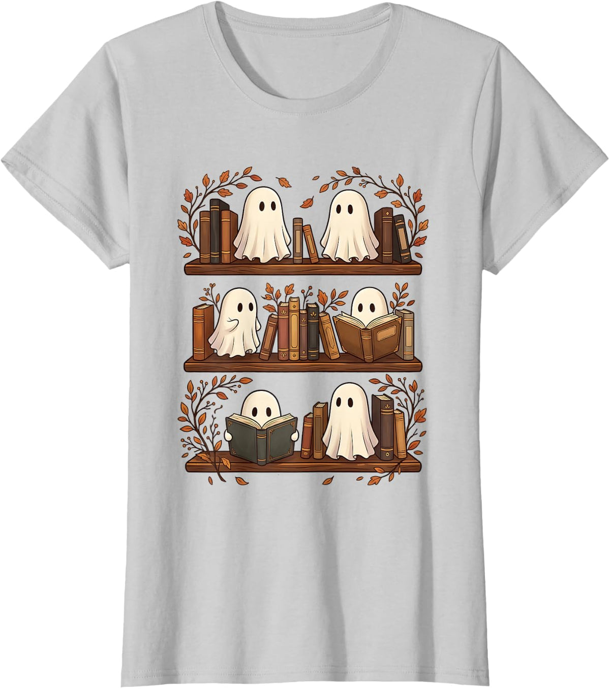 Halloween Ghost Reading Books Funny Spooky Bookish Lover T-Shirt - Silver Grey