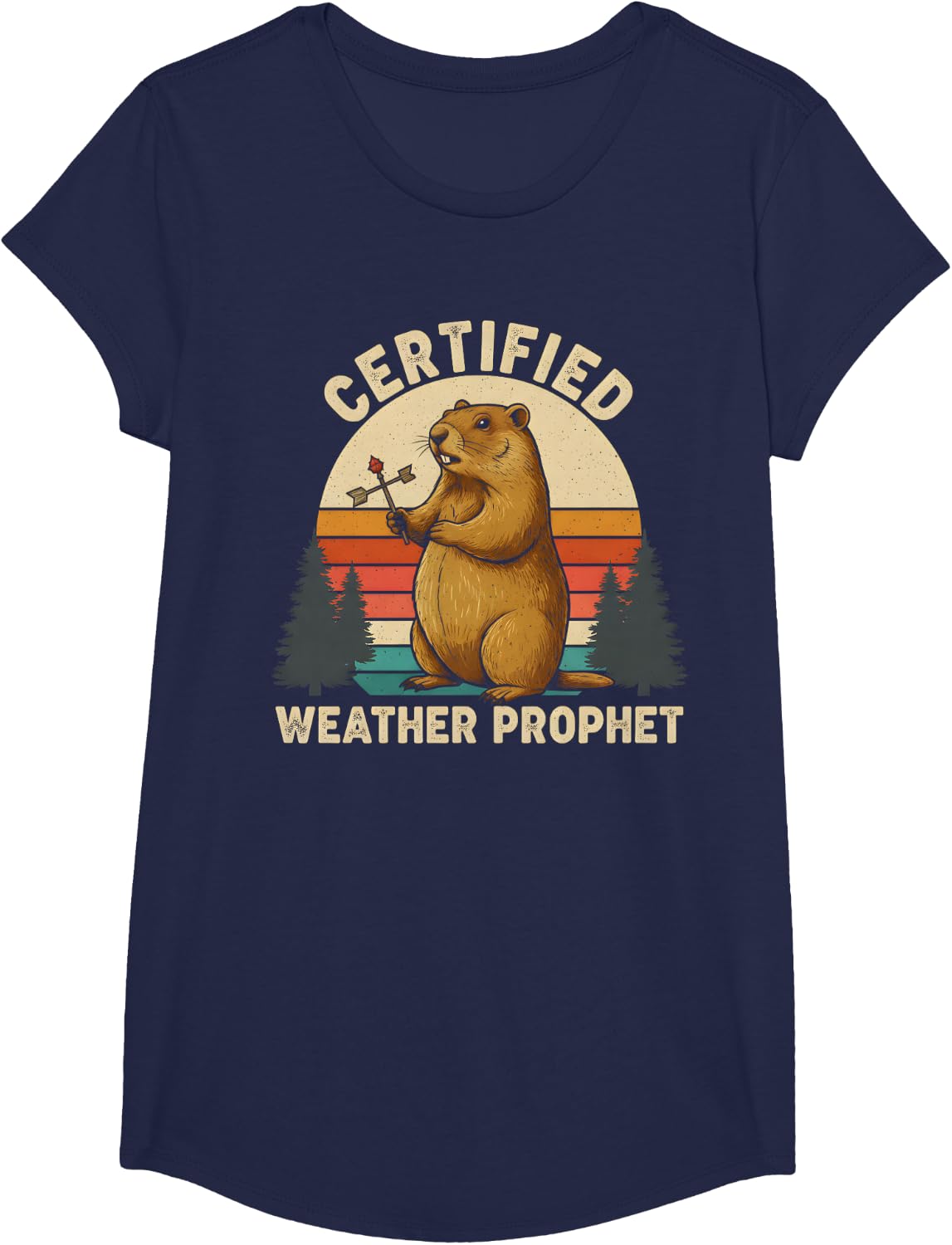 Groundhog Day Punxy Phil's Certified Weather Prophet Retro T-Shirt - Girls Navy Blue
