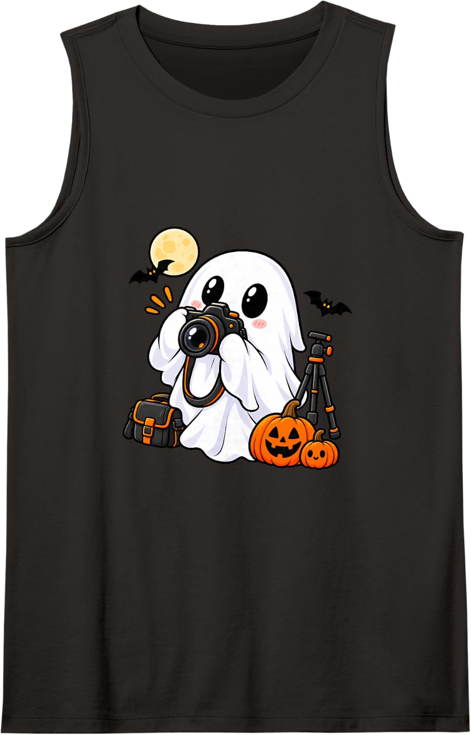 Cute Halloween Photographer Ghost Camera Pumpkin Graphic Sleeveless Tank Top - Black
