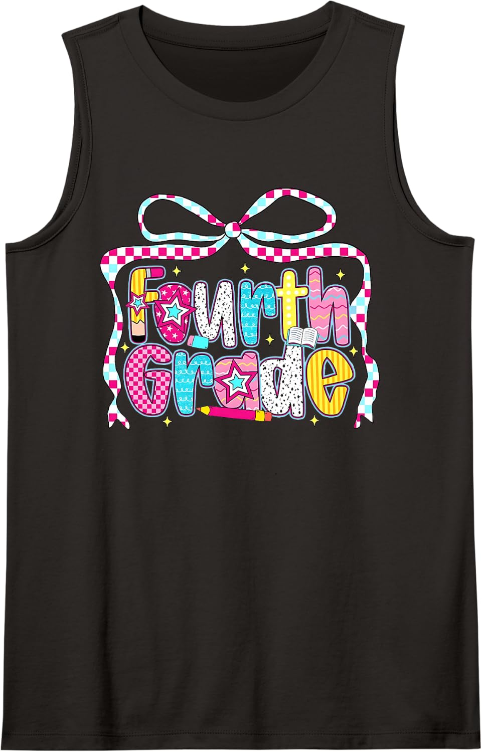 Preppy Groovy 4th Grade Coquette Bow Goes Back to School Sleeveless Tank Top - Black