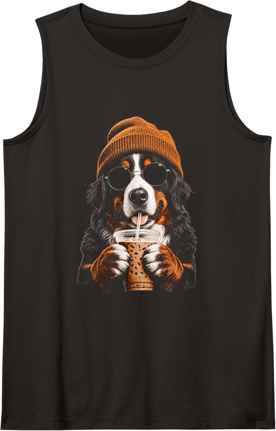 Bernese Mountain Dog Drinking Iced Coffee Funny Hipster Tank Top - Black