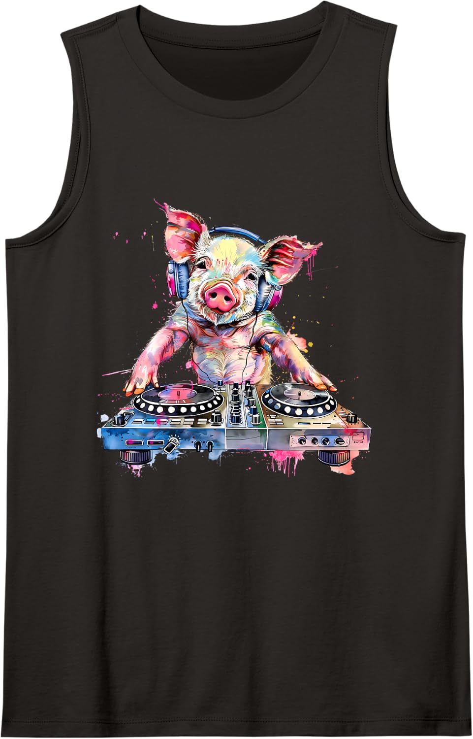 DJ Pig Turntable DJ Pig Dance Music Beatmaker House Techno Sleeveless Tank Top - Black