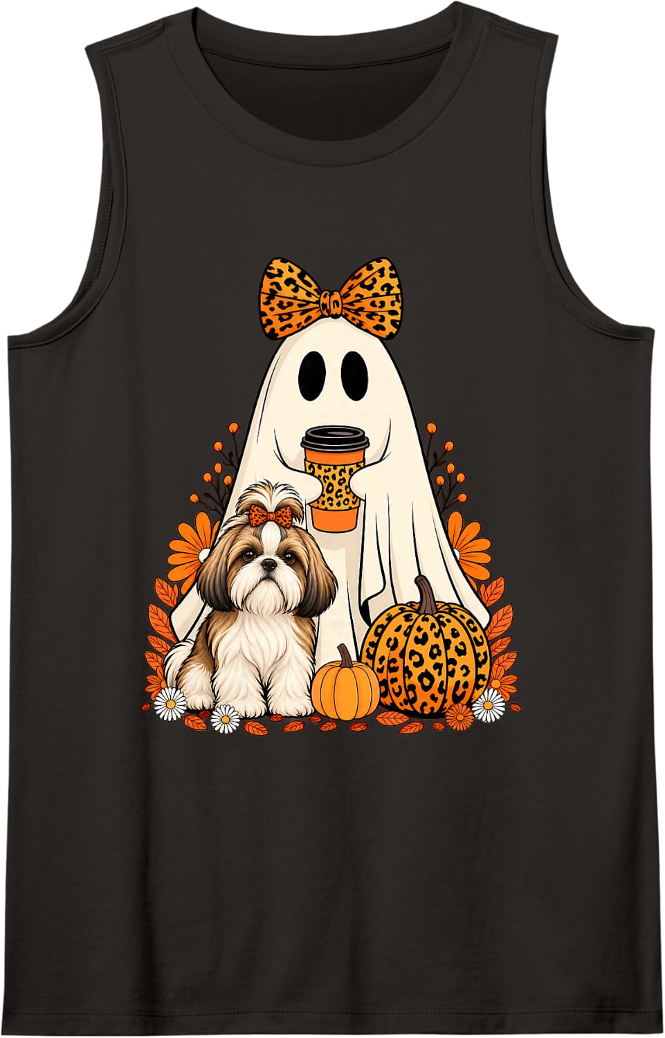 Halloween Ghost Shih Tzu Coffee Pumpkin Floral Fall Sleeveless Tank Top - Black