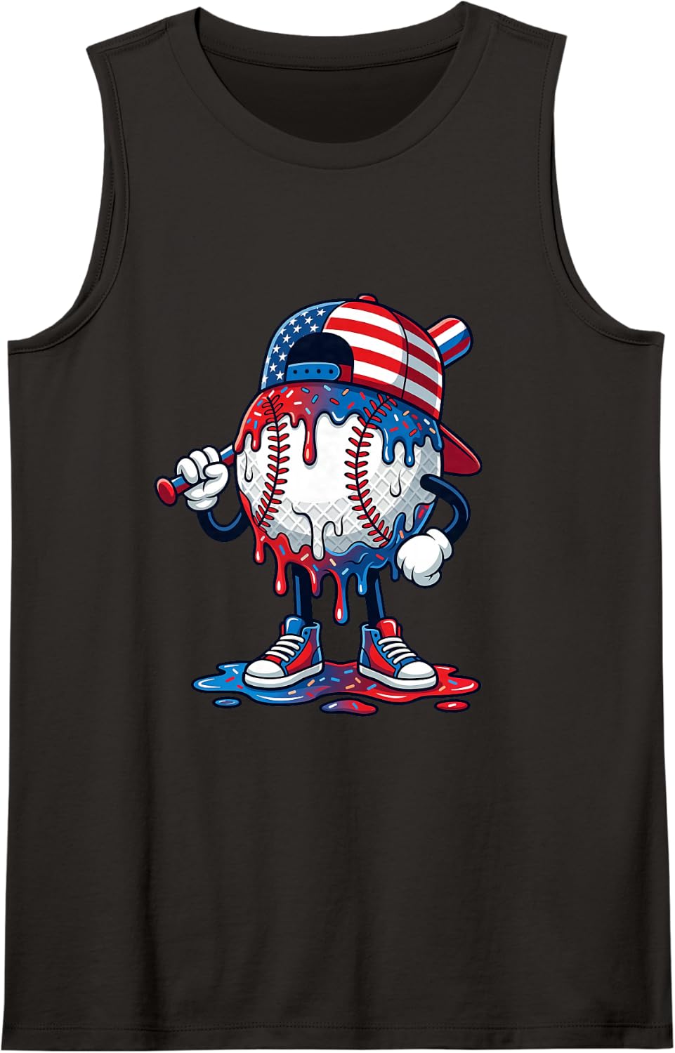4th of July Red White and Blue Baseball Ice Cream Drip Boys Sleeveless Tank Top - Black