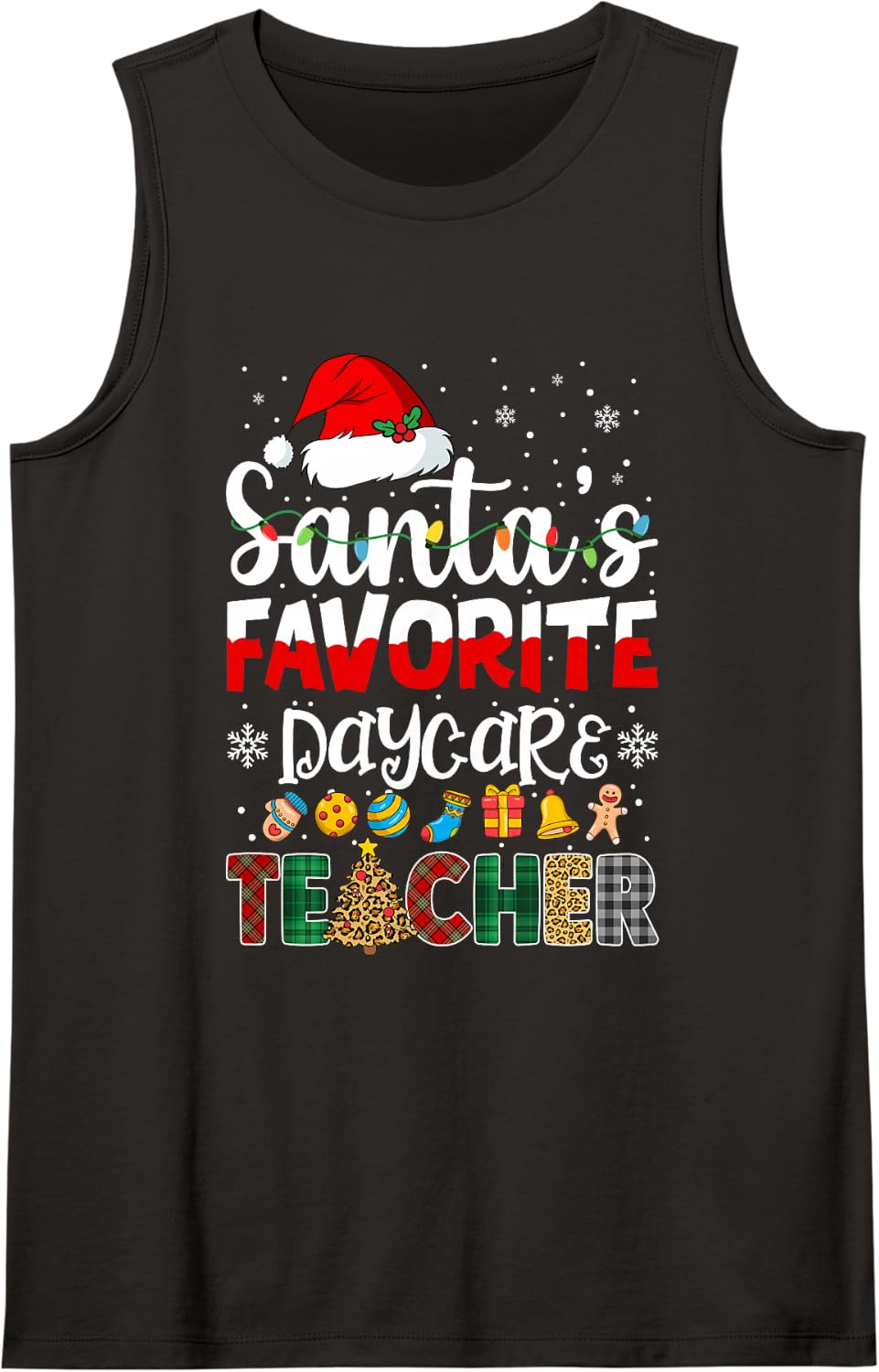 Santa's Favorite Daycare Teacher Buffalo Plaid Christmas Sleeveless Tank Top - Black