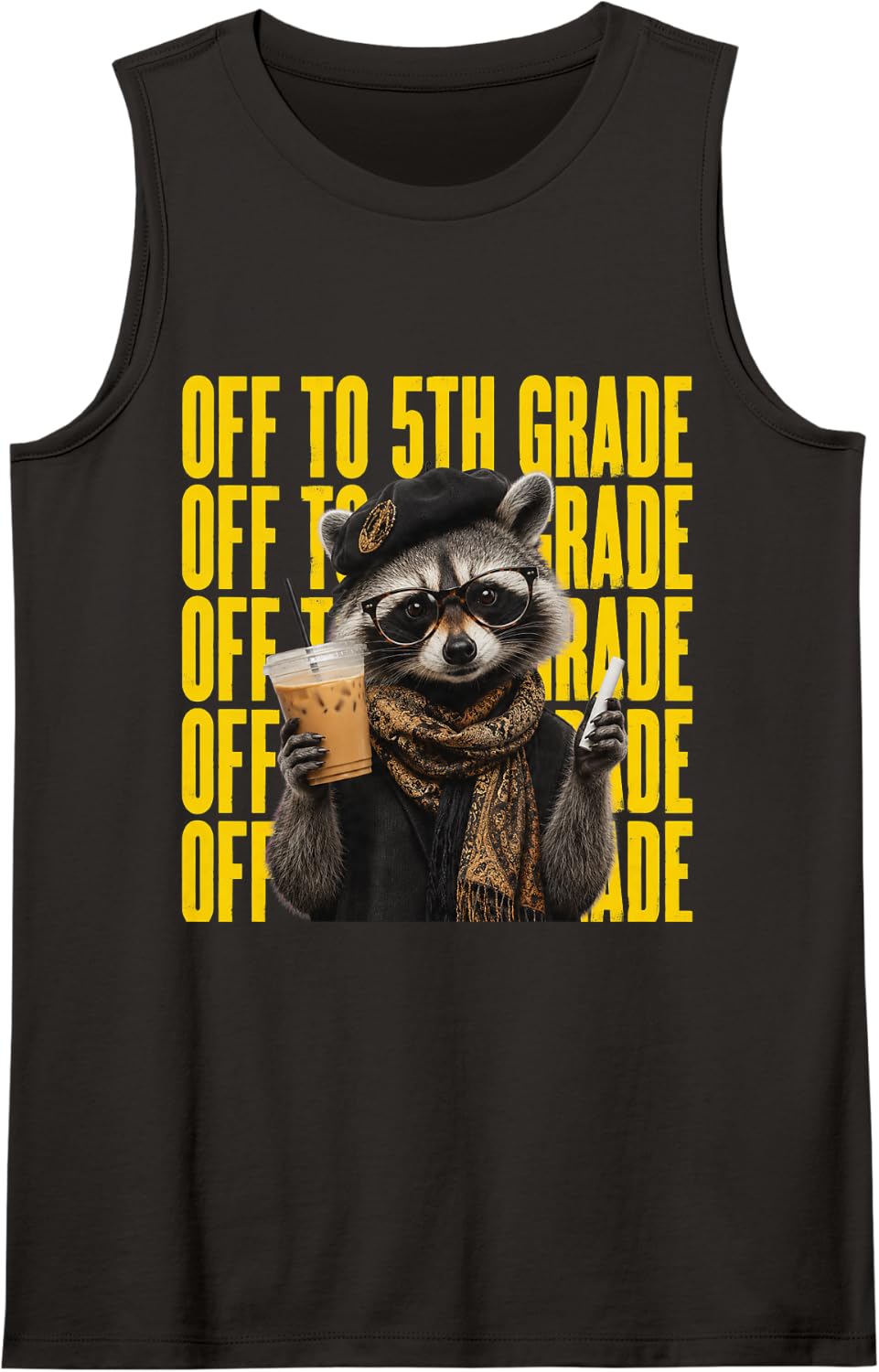 Off to 5th Grade Raccoon Back to School Fifth Grade Sleeveless Tank Top - Black