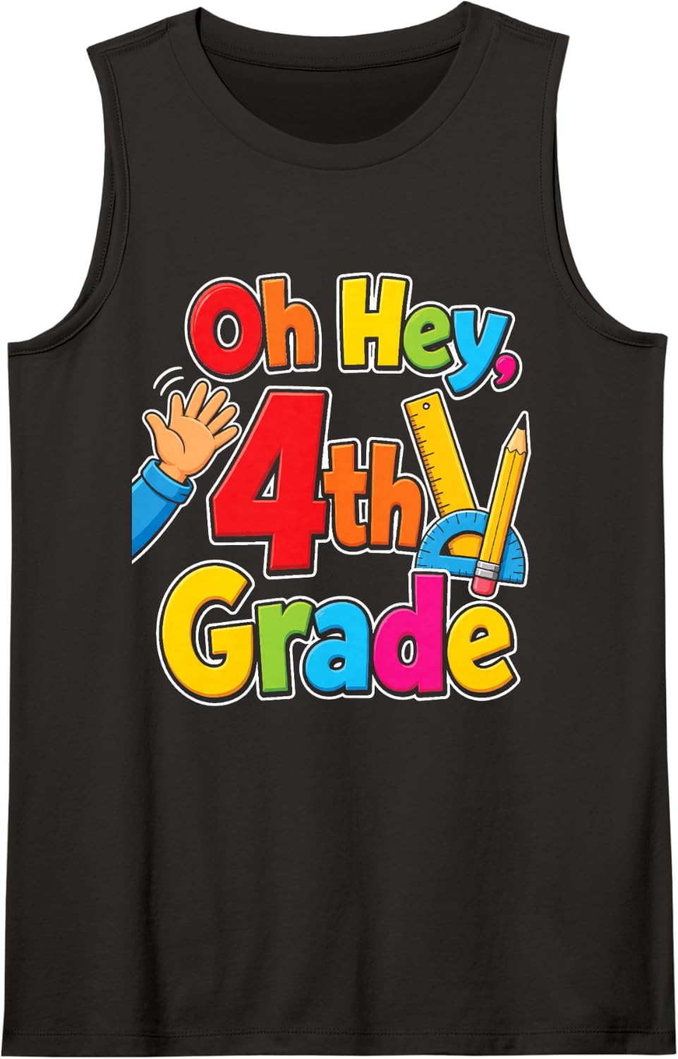 4th Grade Oh Hey First Day Waving Cartoon Kid Ruler Sleeveless Tank Top - Black