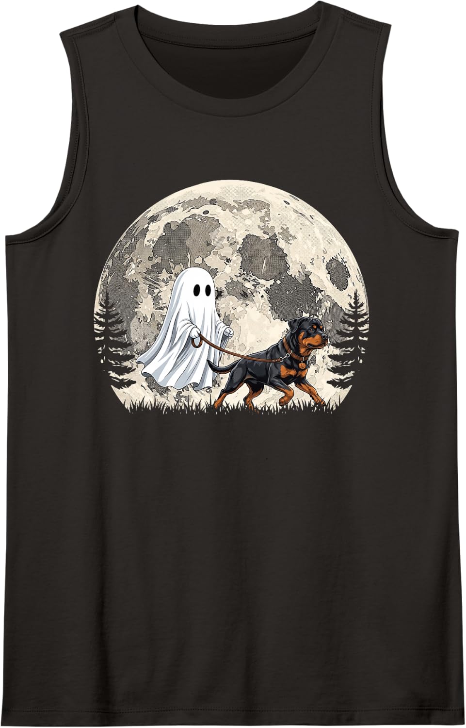 Funny Ghost Walking Rottweiler Full Moon Halloween Tank Top - Black