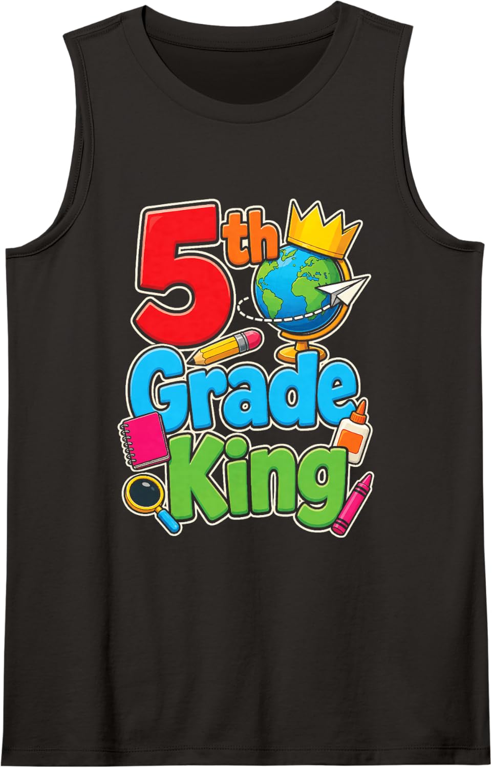 5th Grade King First Day of School Boys Crown Globe Sleeveless Tank Top - Black