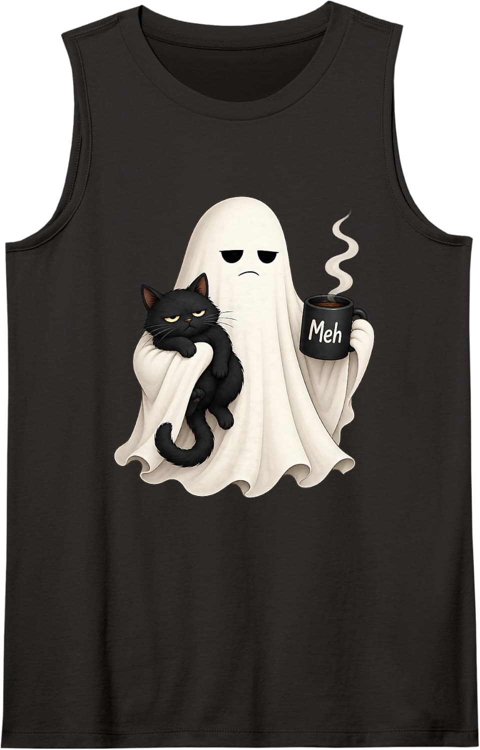 Funny Halloween Black Cat and Ghost Coffee Sleeveless Tank Top - Black