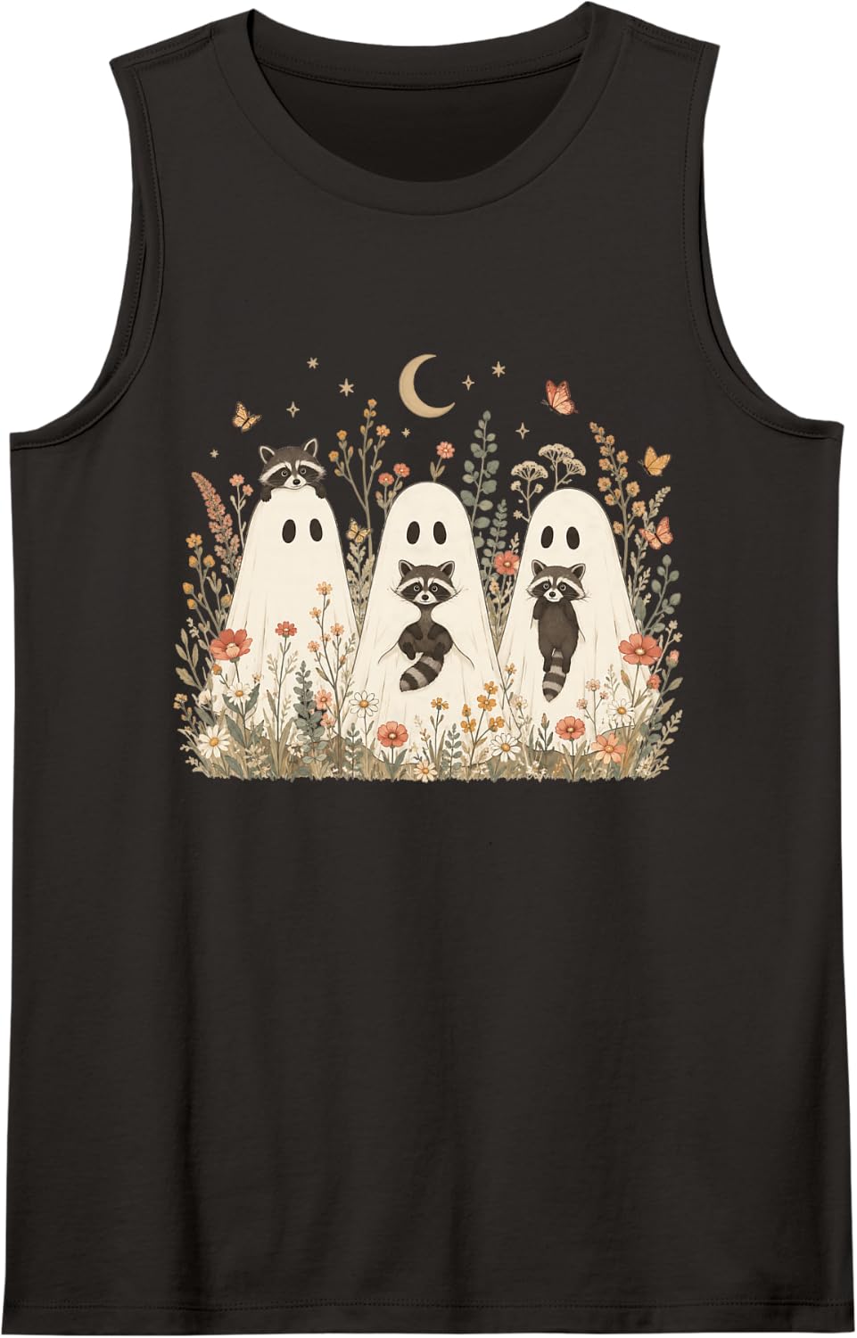 Cute Raccoon Ghost Halloween Autumn Sleeveless Tank Top - Black