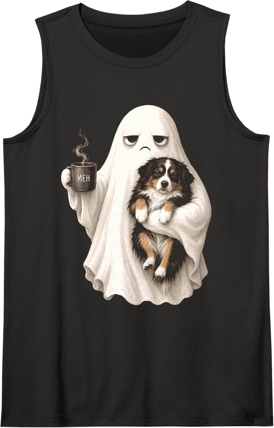 Halloween Ghost Holding Bernese Mountain Dog Coffee Meh Sleeveless Tank Top - Black