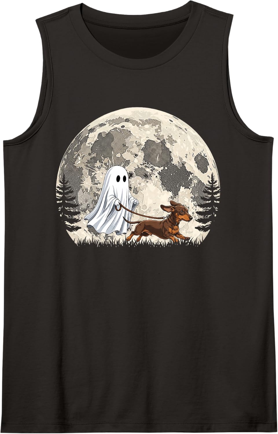 Funny Ghost Walking Dachshund Full Moon Halloween Tank Top - Black