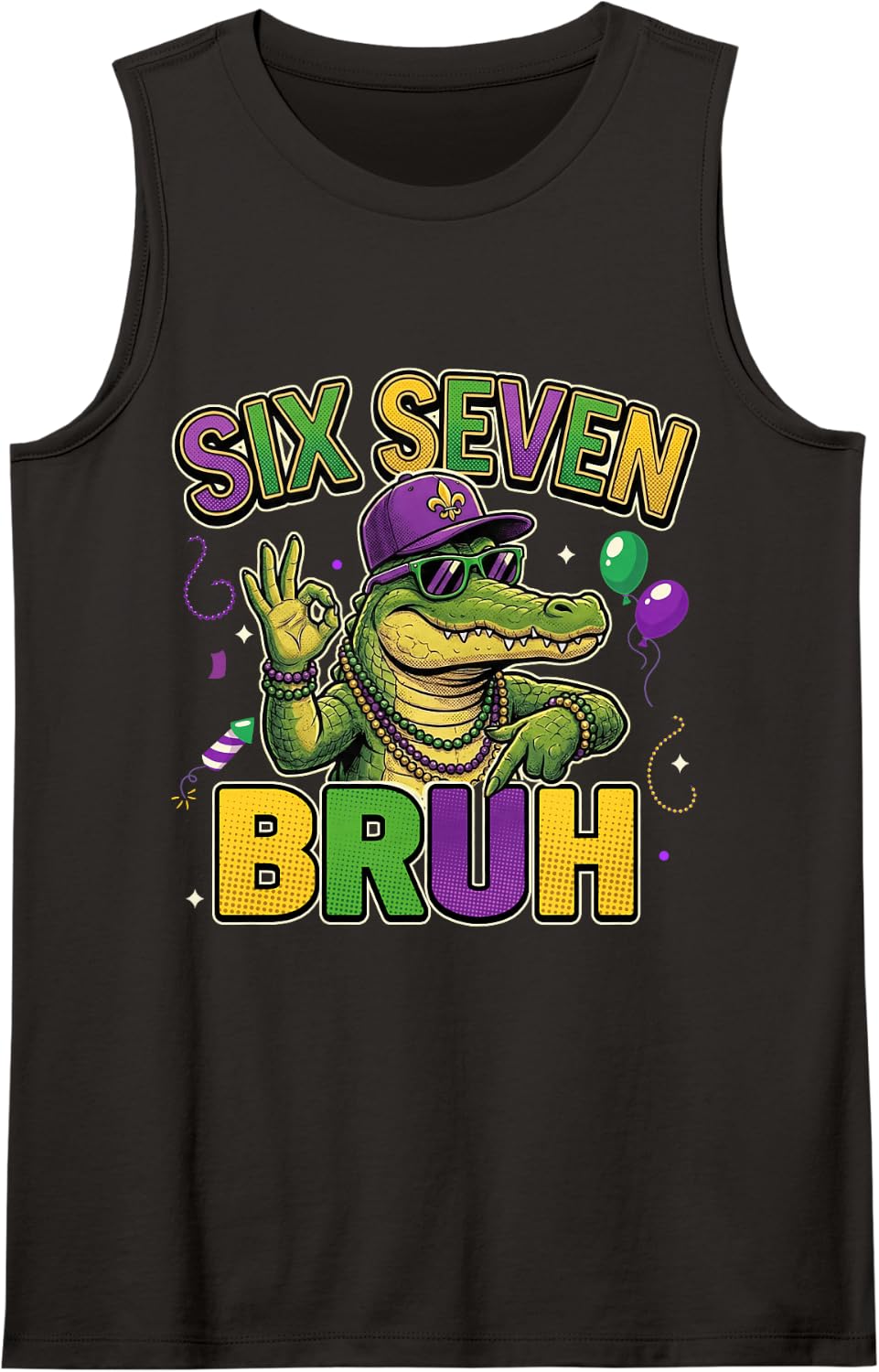 Six Seven Bruh Boys Kids Mardi Gras Alligator Mardi Gator 67 Sleeveless Tank Top - Black