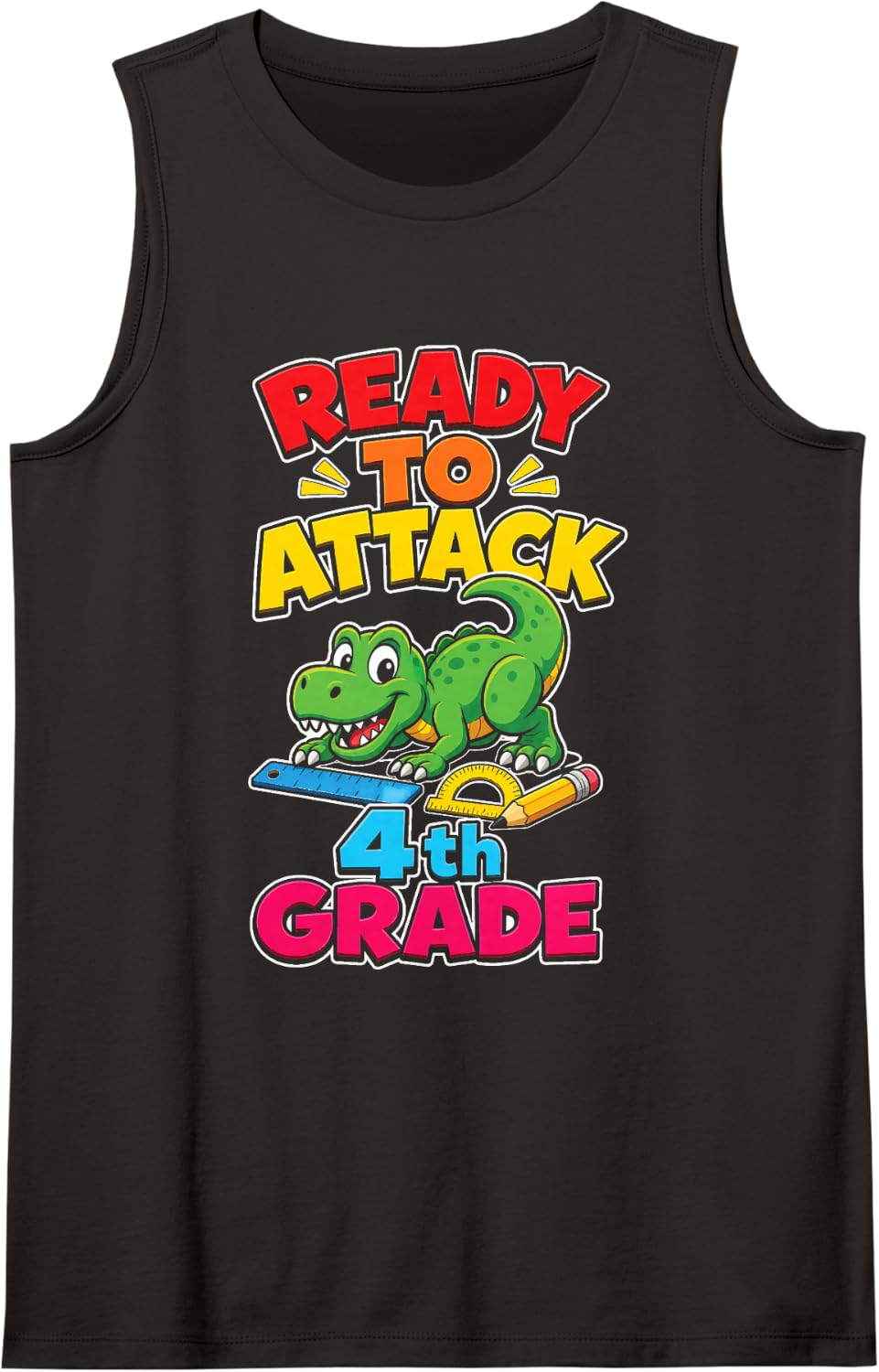 4th Grade Ready to Attack T Rex First Day Elementary School Sleeveless Tank Top - Black