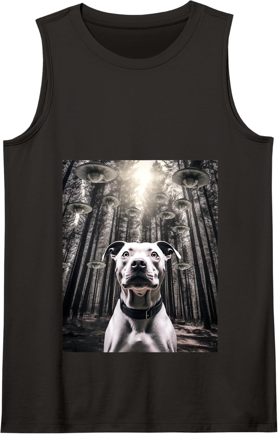 Funny Graphic Pitbull Selfie with UFOs Aliens Dogs Lover Tank Top - Black