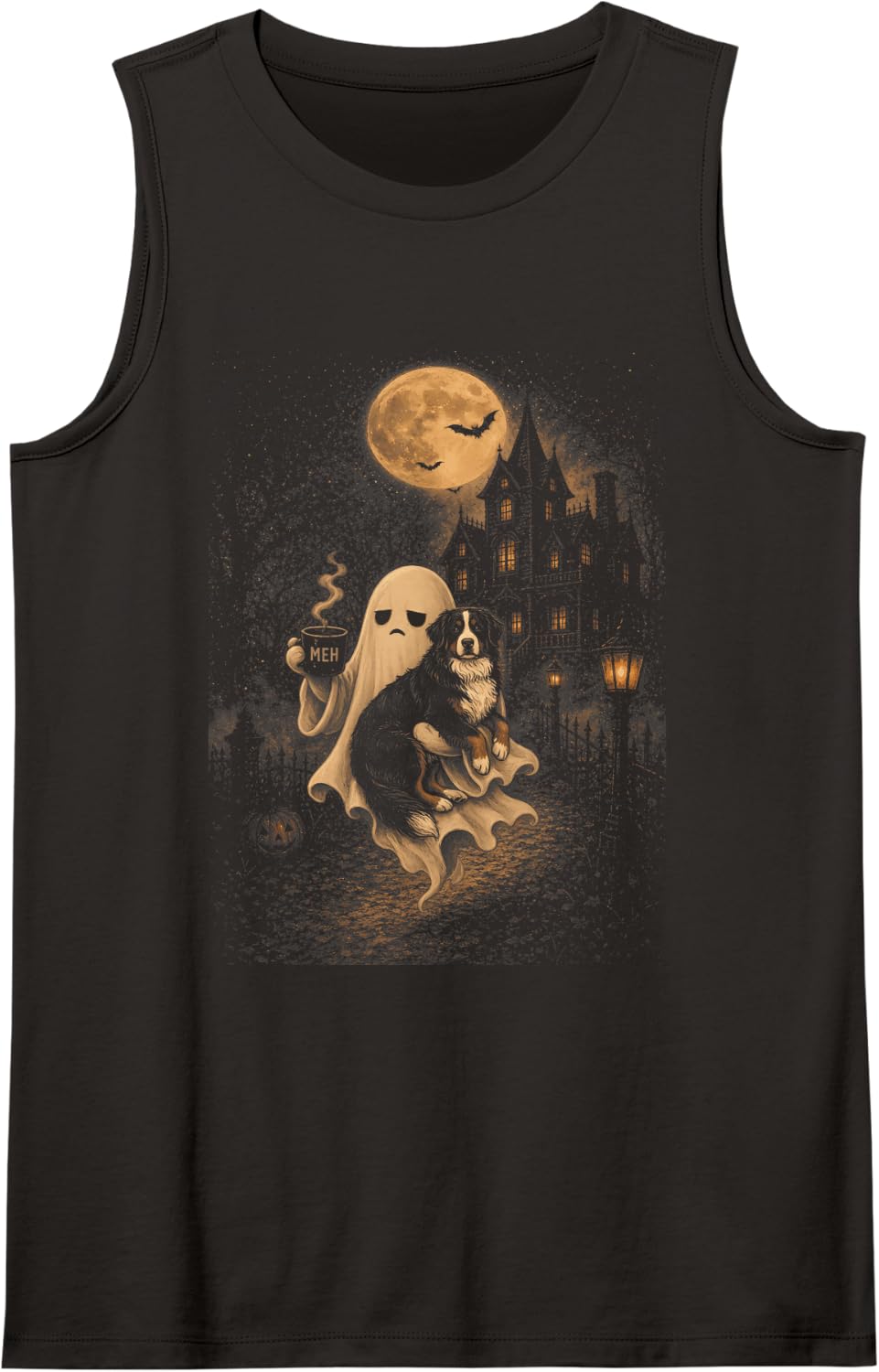 Vintage Bernese Mountain Dog Ghost Coffee Spooky Halloween Sleeveless Tank Top - Black