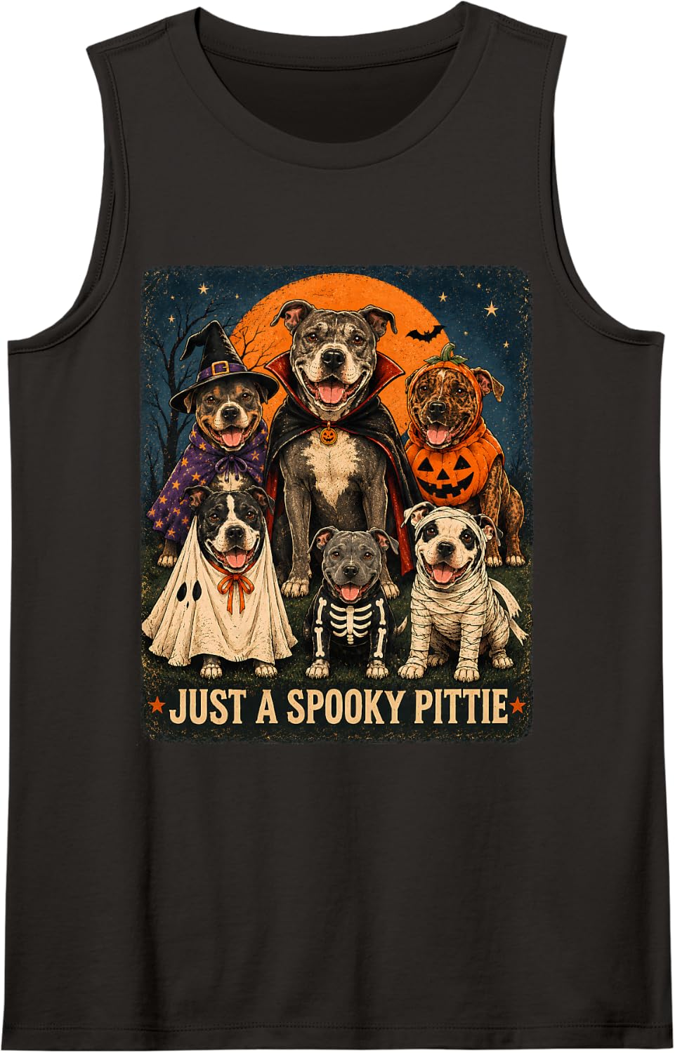 Just A Spooky Pittie Ghost Pumpkin Mummy Pitbull Halloween Sleeveless Tank Top - Black