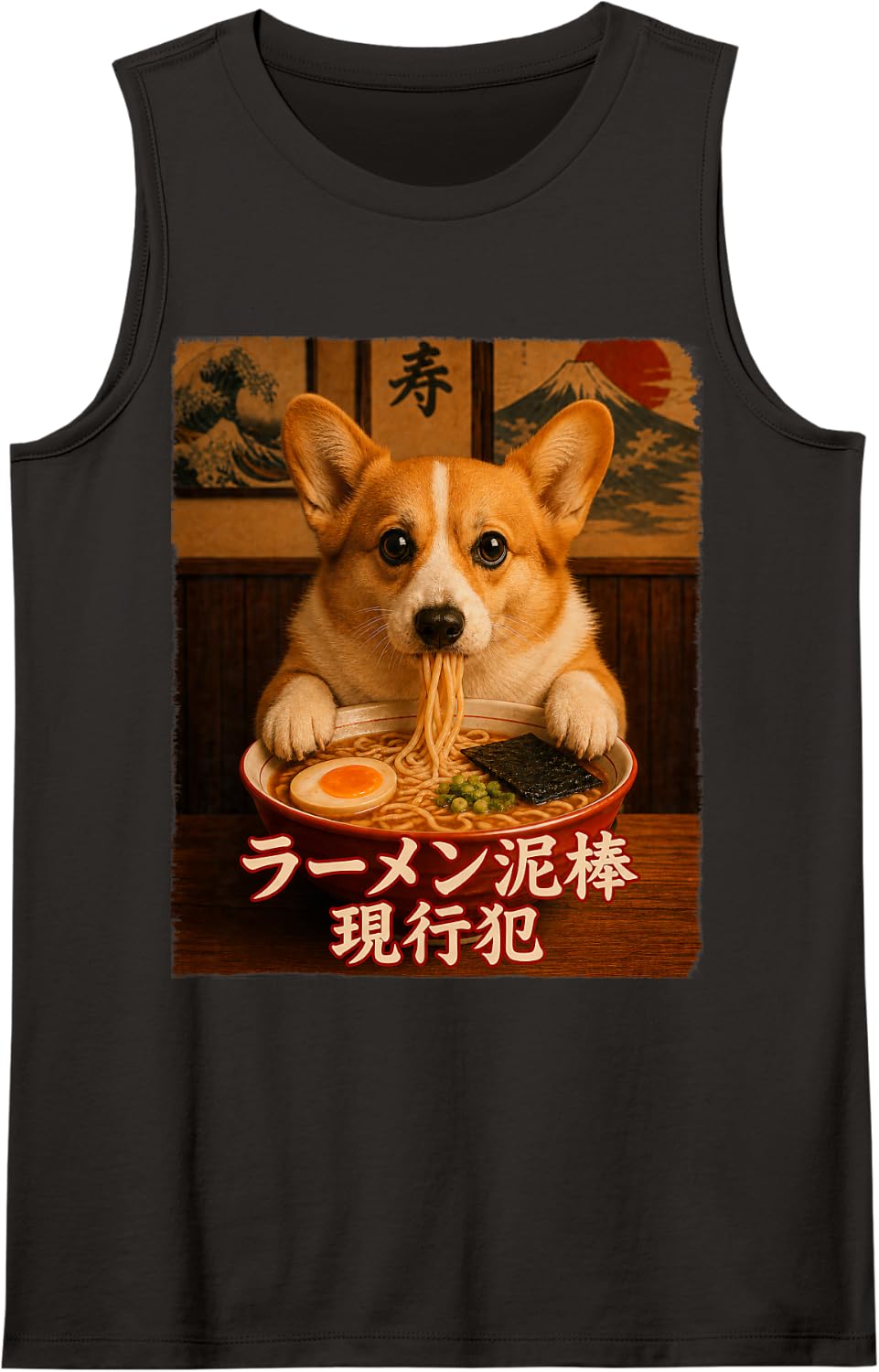 Welsh Corgi Ramen Dog - Ramen Thief - Grunge - Japanese Text Tank Top - Black