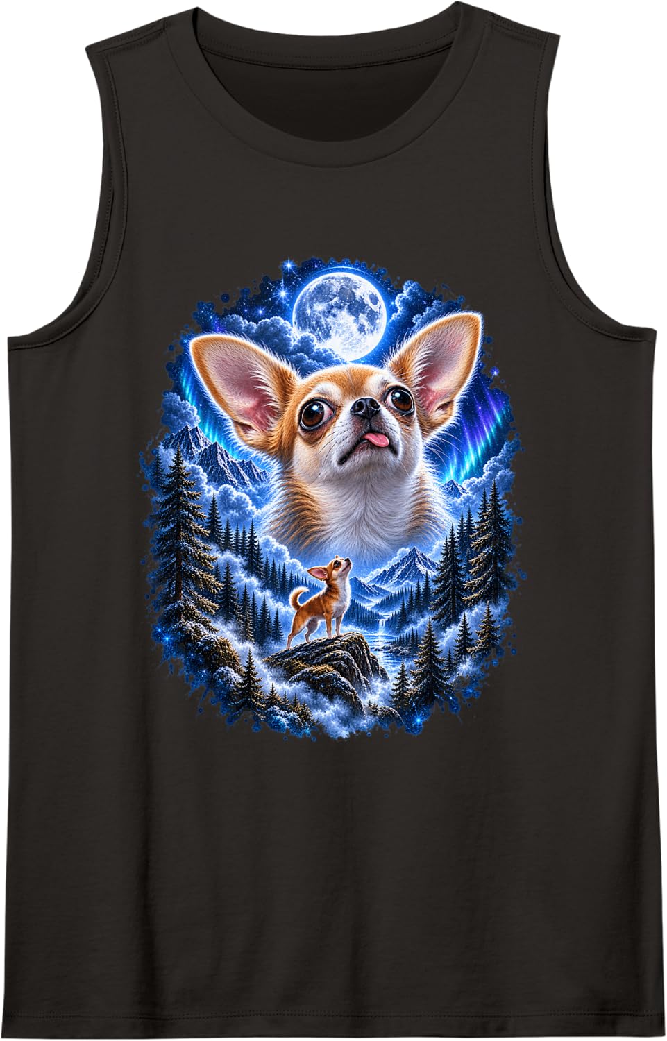 Cute Chihuahua Art in Colorful Moonlight Adventure Scene Tank Top - Black