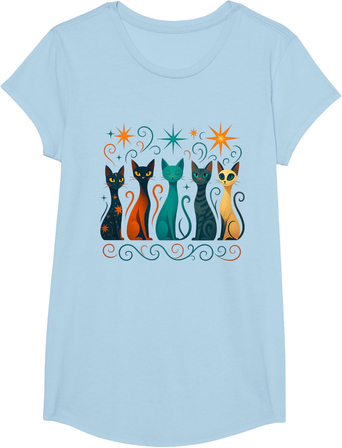 Vintage Mid-Century Modern Look Atomic Age 50s 60s Cat Shirt T-Shirt - Girls Baby Blue