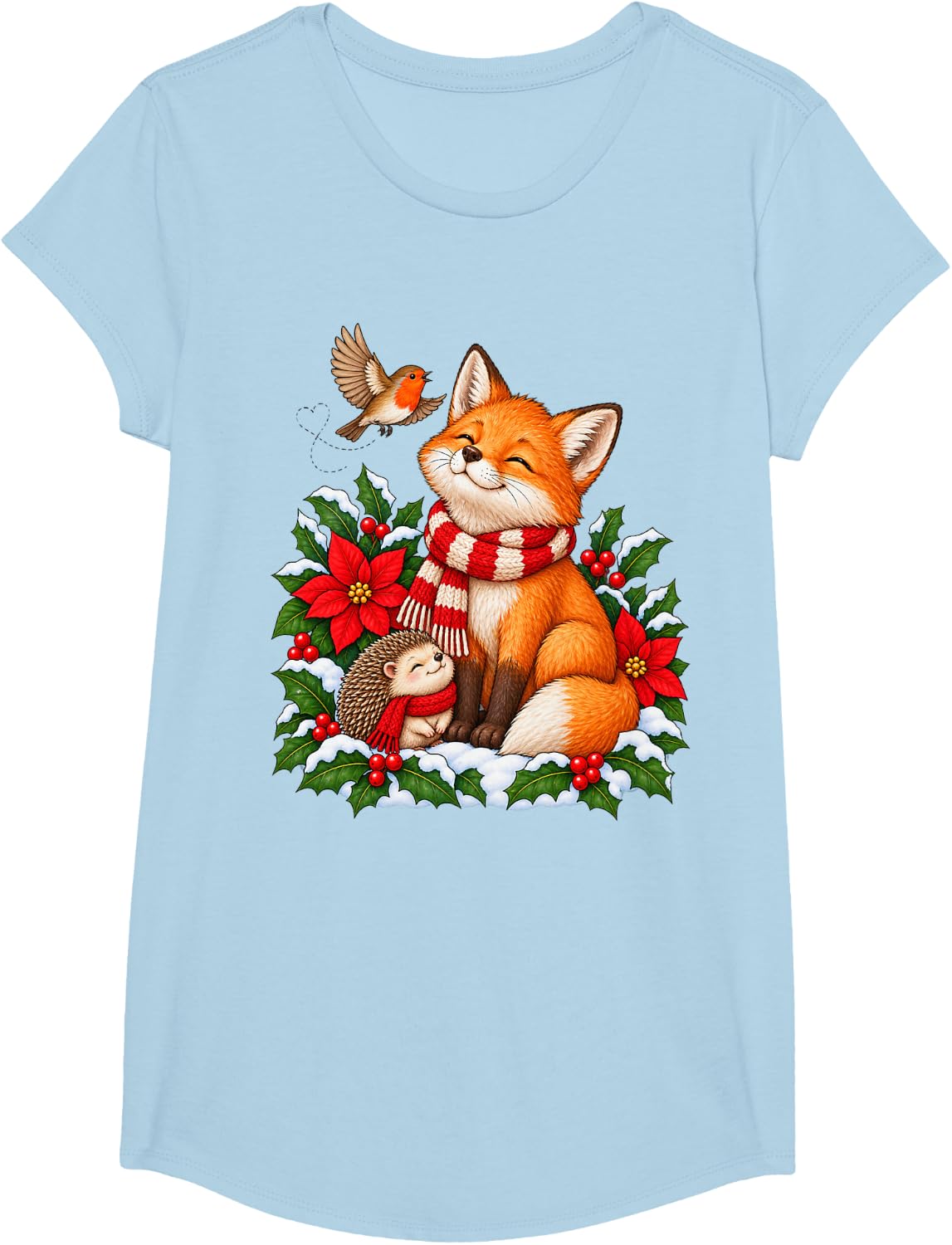 Christmas Fox Cute Woodland Animals Hedgehog Aesthetic Art T-Shirt - Girls Baby Blue