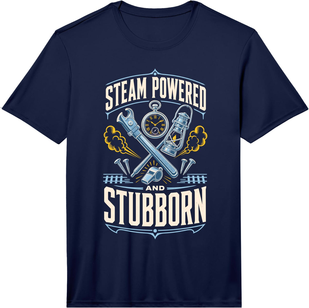 Men's Steam Powered and Stubborn Train Conductor Performance T-Shirt - Navy Blue