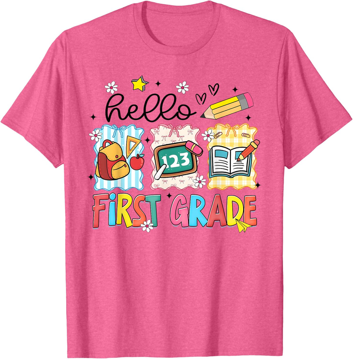 Hello First Grade First Day School Teacher Girl Cute Bow T-Shirt - Pink Heather