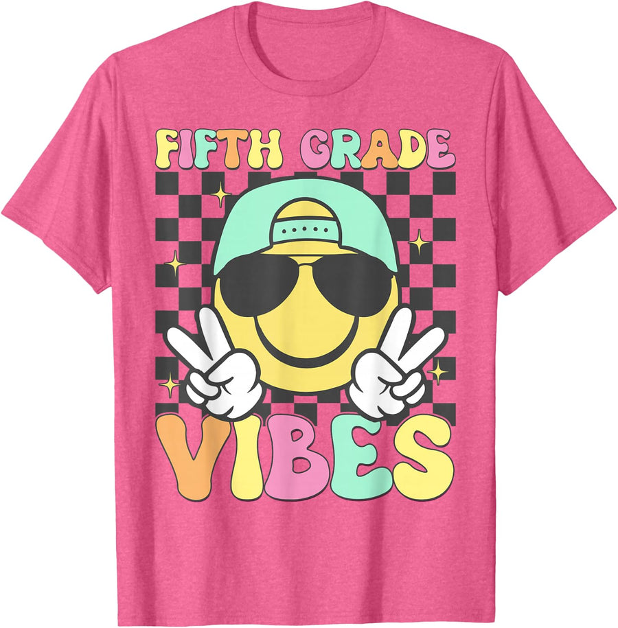 5th Grade Vibes Smile Face Back To School Fifth Grade T-Shirt - Pink Heather