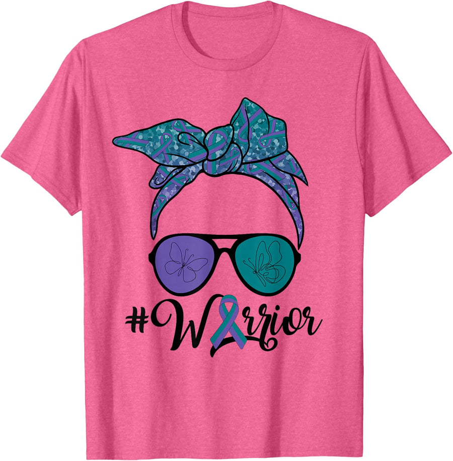 Messy Bun Woman Purple Green Ribbon Anal Cancer Warrior Tee T-Shirt For Women - Pink Heather