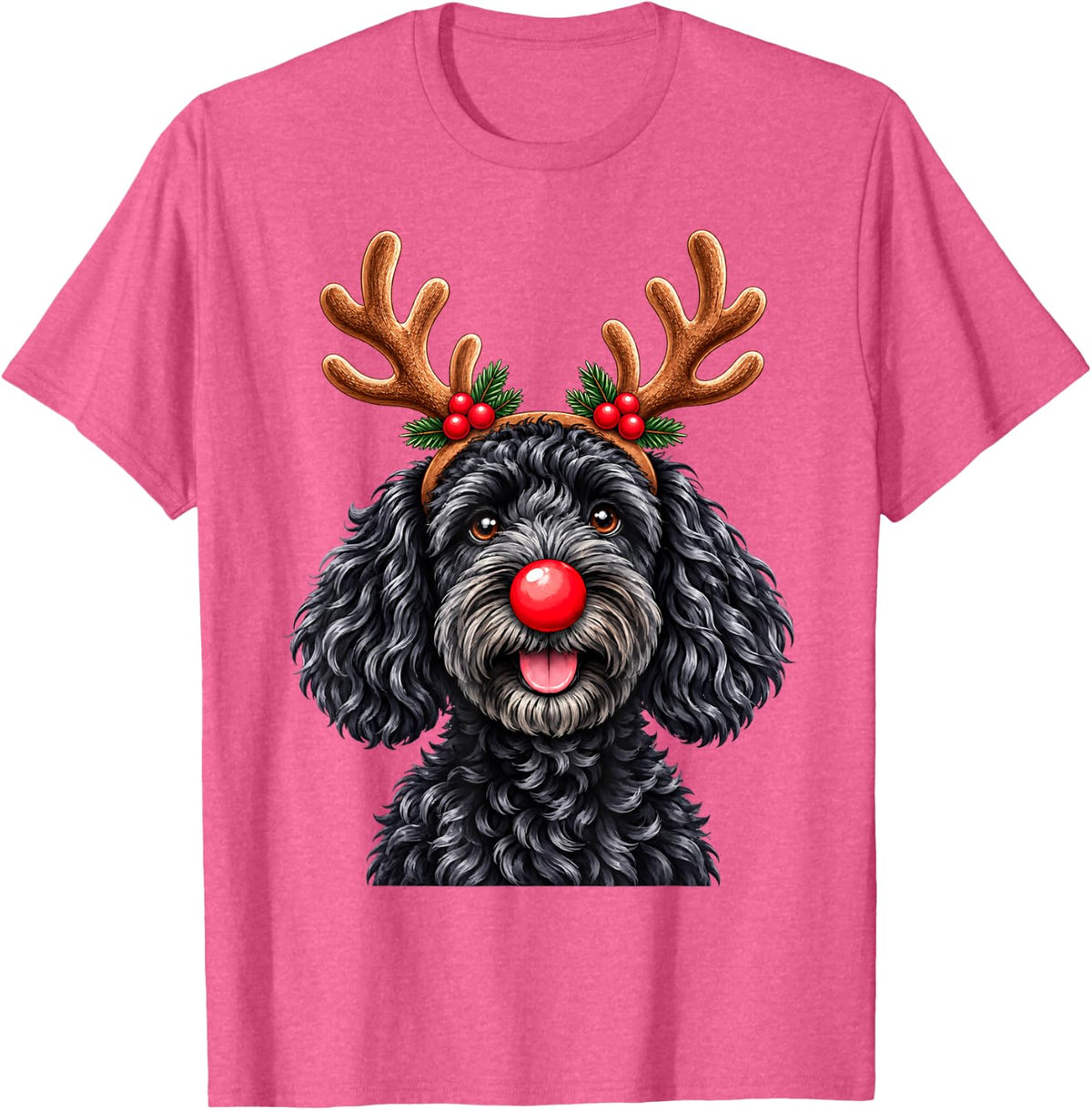 Christmas Black Goldendoodle Reindeer Holiday Puppy Graphic T-Shirt - Pink Heather