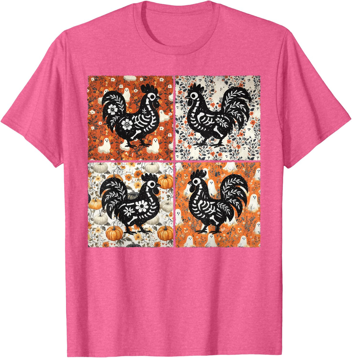 Halloween Skeleton Chicken Boho Floral Chicken Farm Animal T-Shirt - Pink Heather