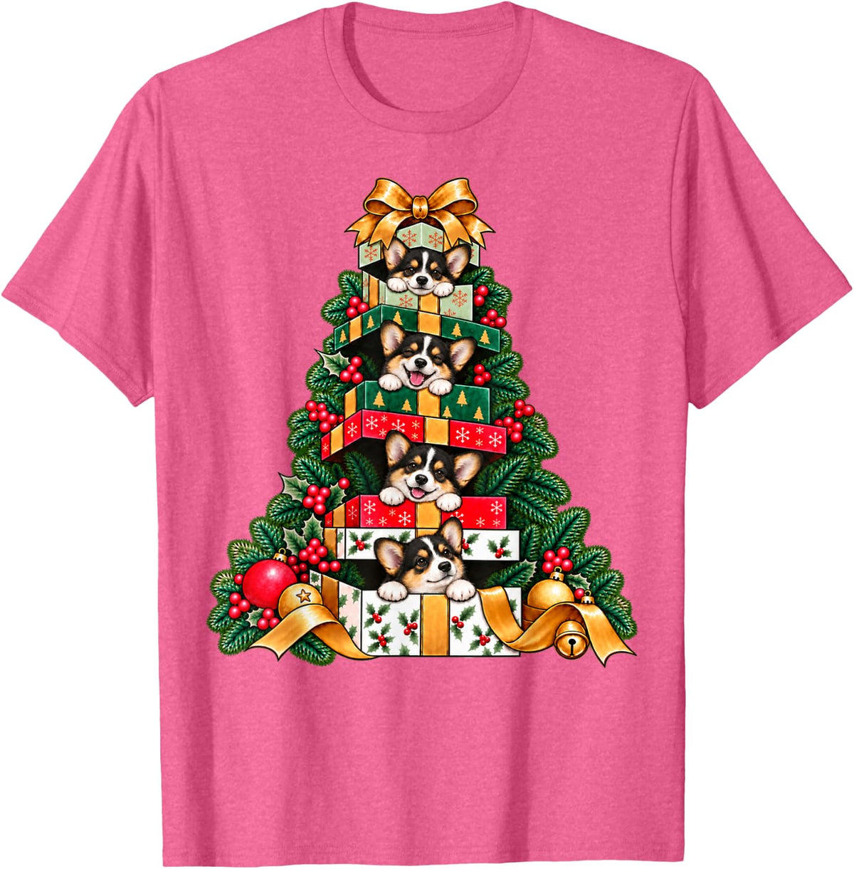 Pembroke Welsh Corgi Stacked Wrapped Boxes Tree Surprise T-Shirt - Pink Heather