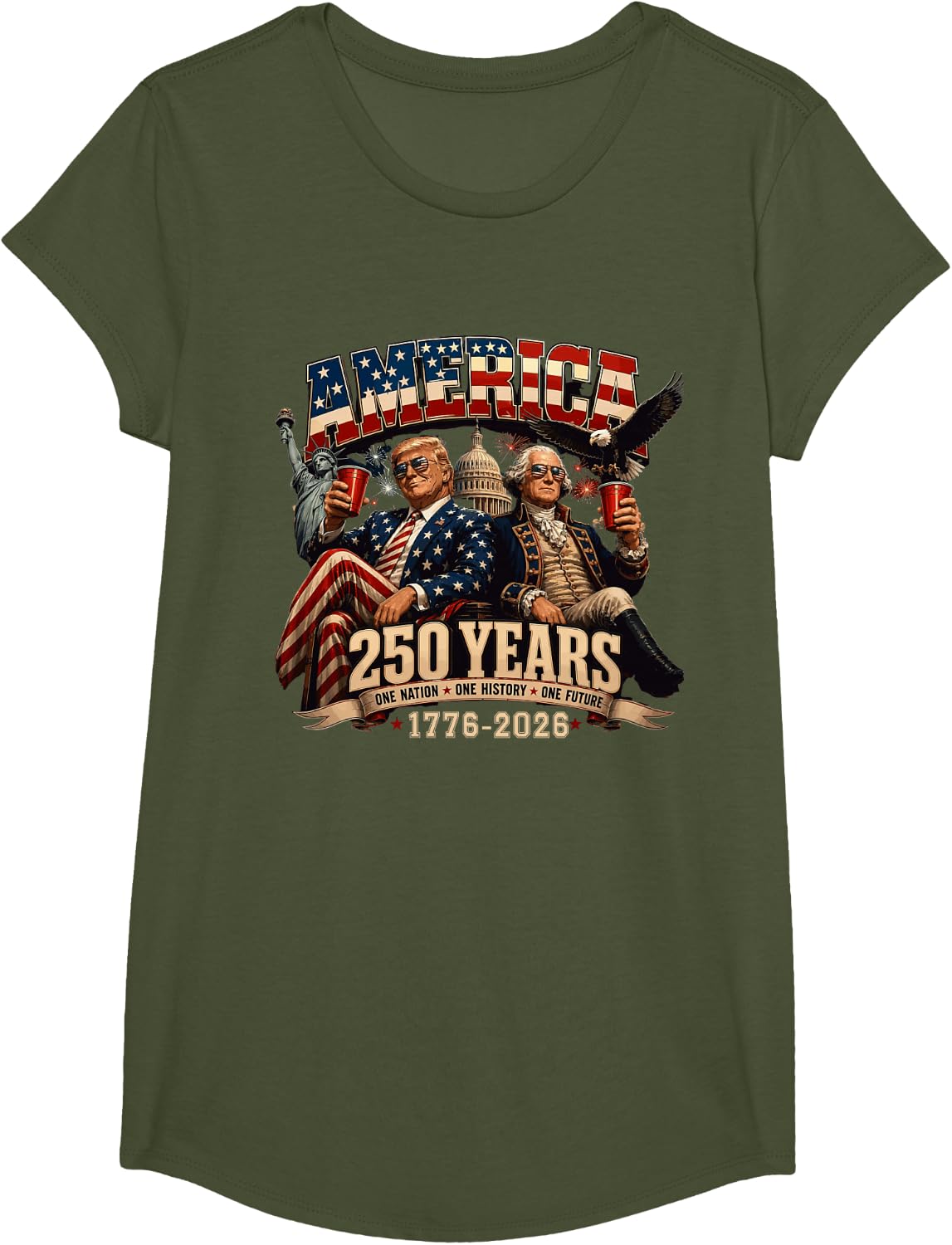 250 Years America Anniversary 250th Trump Washington Vintage T-Shirt - Girls Olive Green