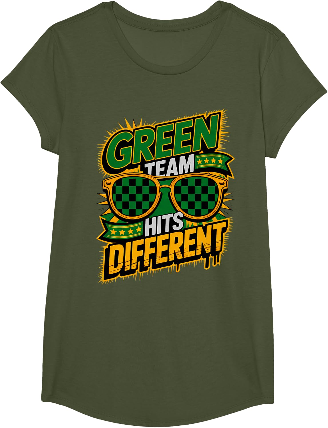High School Green Team Hits Different Game Day Sports T-Shirt - Girls Olive Green
