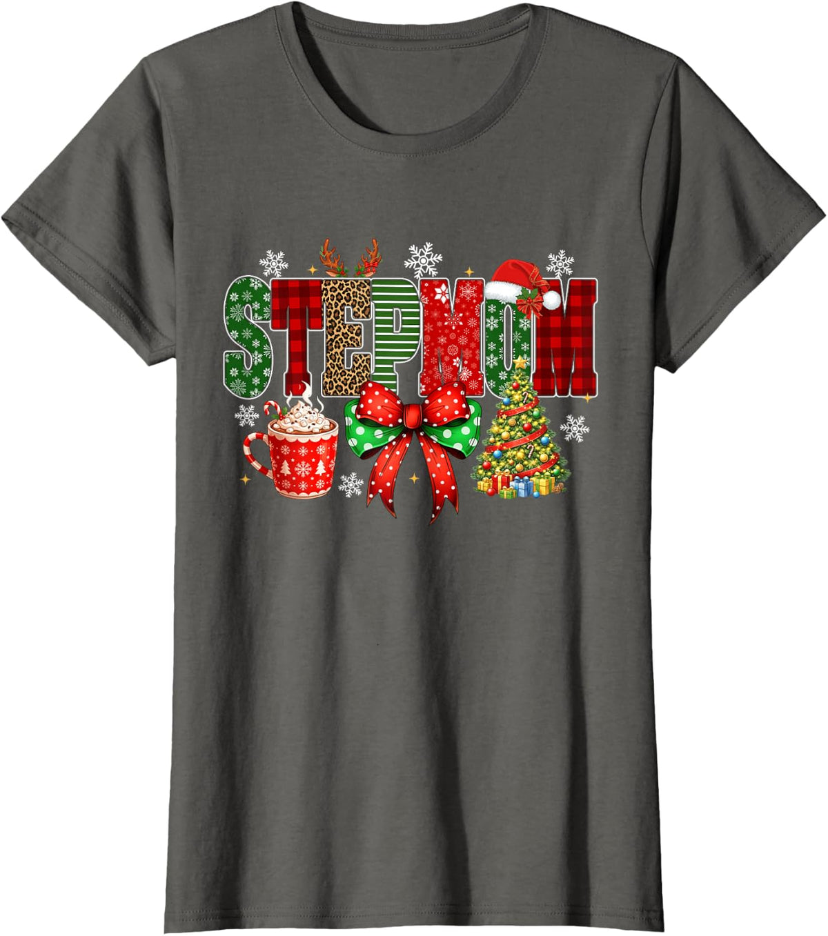 Stepmom Coquette Bow Merry Christmas Family Matching T-Shirt - Asphalt Grey