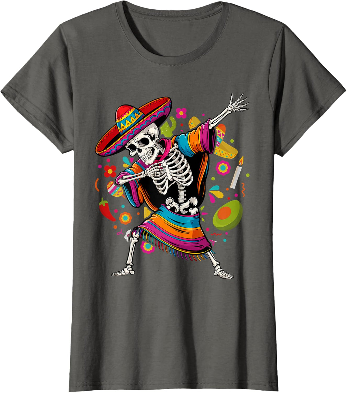 Dabbing Skeleton Sombrero Poncho Cinco De Mayo Mexican Party T-Shirt - Asphalt Grey