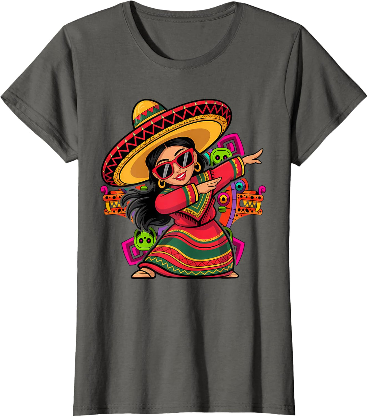 Cinco De Mayo Dabbing Mexican Women Funny Cinco de Mayo T-Shirt - Asphalt Grey