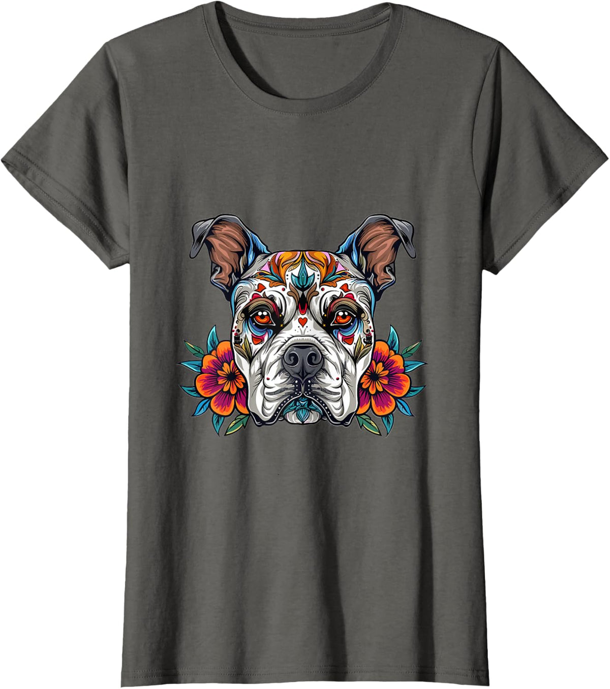 Pitbull Sugar Skull Dia De Los Muertos T-Shirt Tees Halloween Graphic Tee - Asphalt Grey