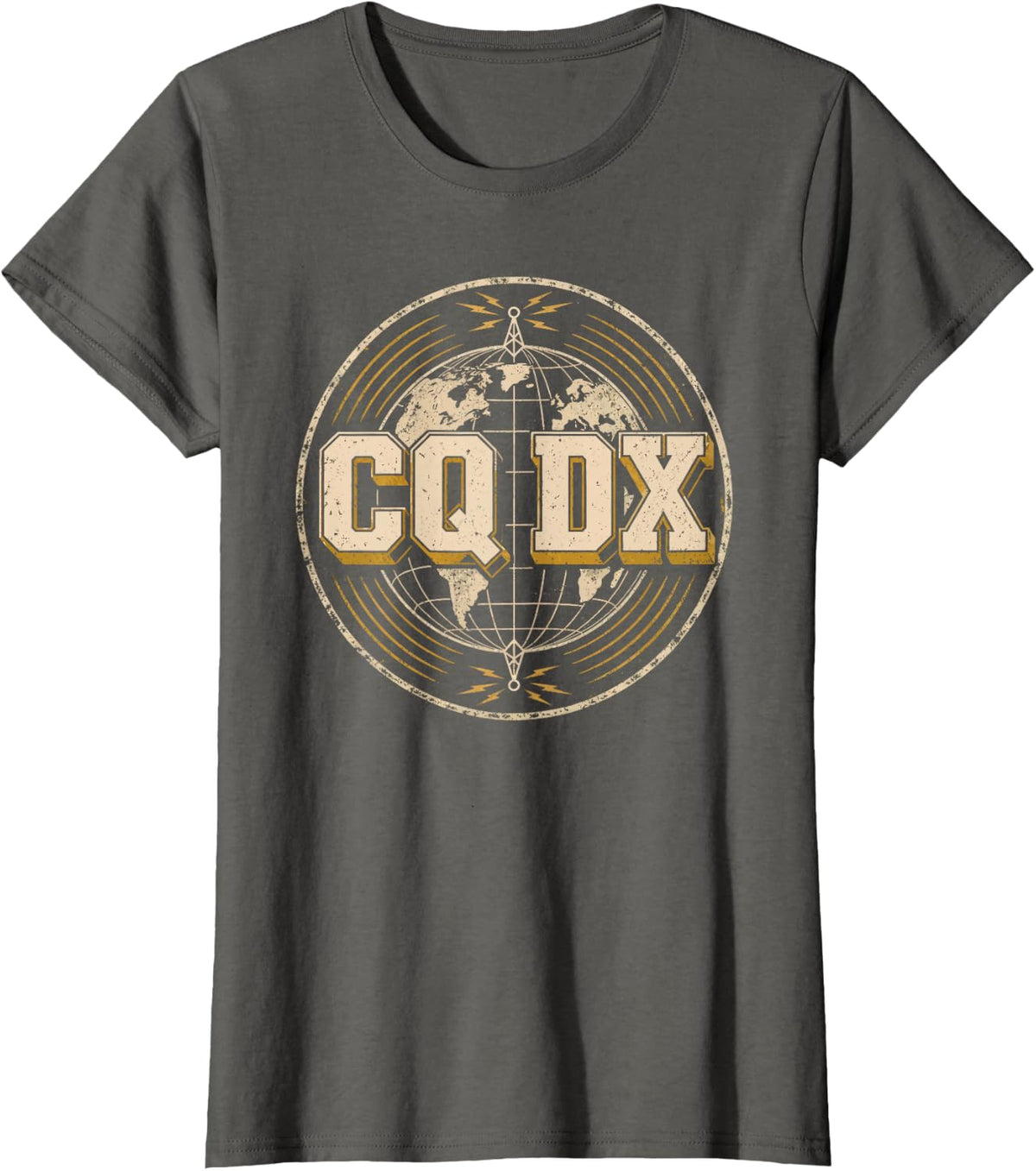 CQ DX Ham Radio World Map Antenna T-Shirt - Asphalt Grey