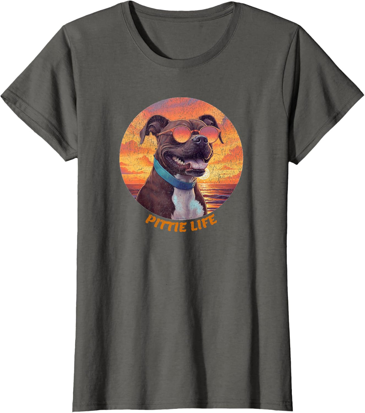 Cute Pittie Life, Pitbull Dog, Retro Sunset, Funny T-Shirt - Asphalt Grey