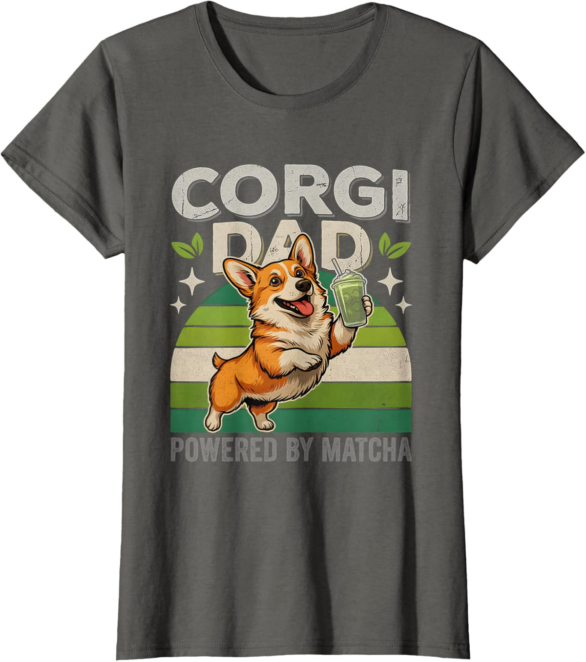 Corgi Dad Powered By Matcha Corgi Lover T-Shirt - Asphalt Grey