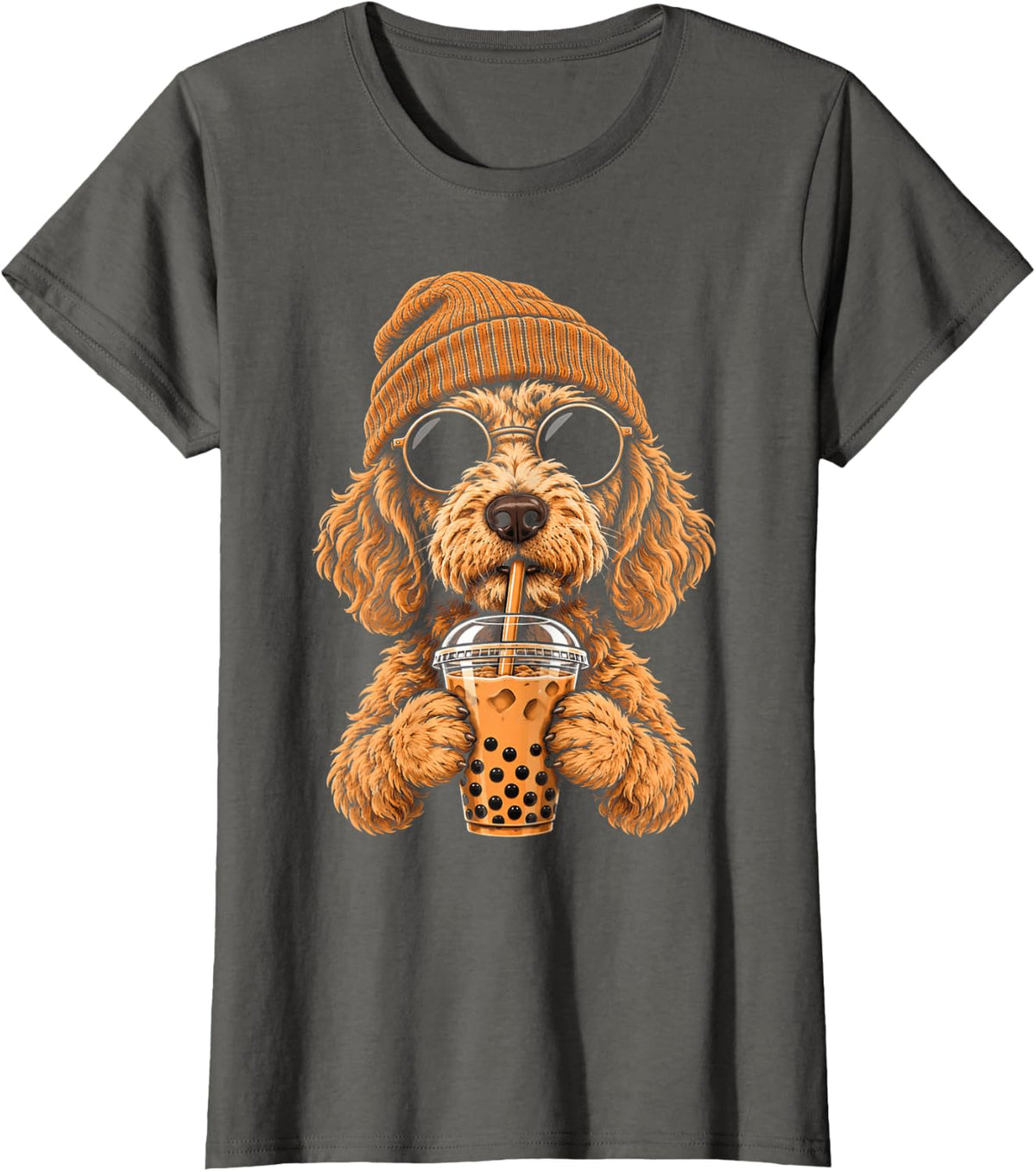Cute Goldendoodle Hipster Dog Drinking BobaTea Sunglasses T-Shirt - Asphalt Grey