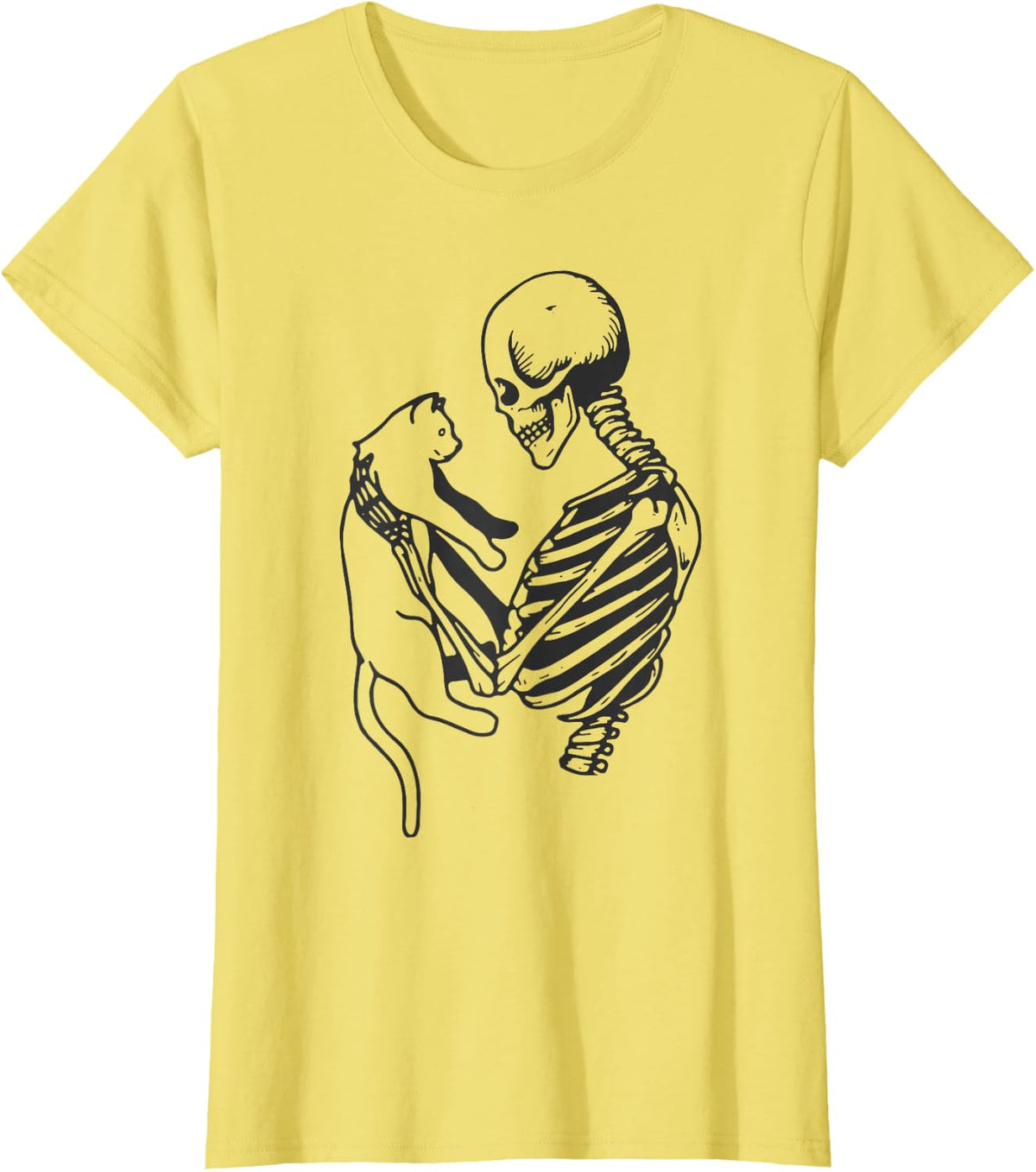 Funny Halloween Skeleton Holding A Cat Loves Men Women T-Shirt - Lemon Yellow