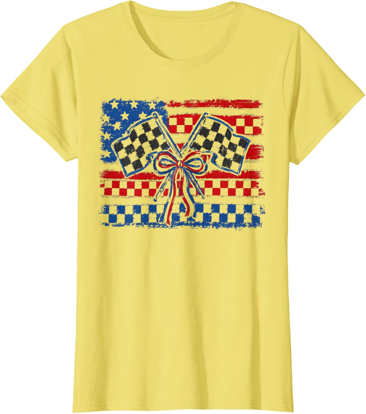 Racing Patriotic Checkered Flags USA 4th of July USA Flag T-Shirt - Lemon Yellow
