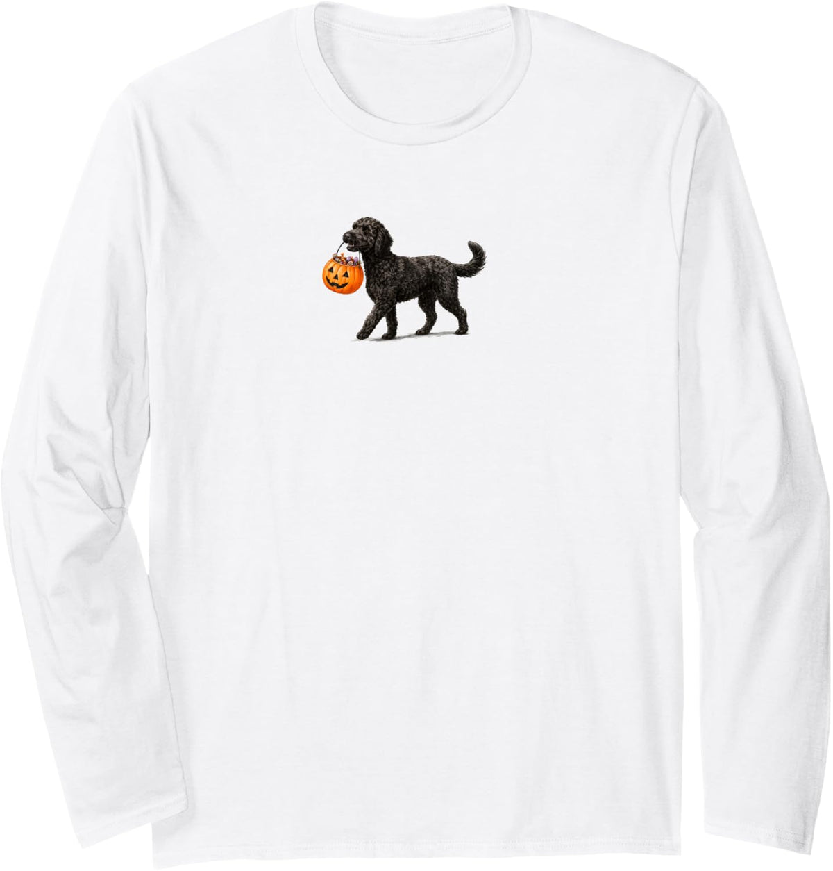 Black Goldendoodle Dog Lover Pumpkin Spooky Halloween Long Sleeve T-Shirt - Adult Unisex White