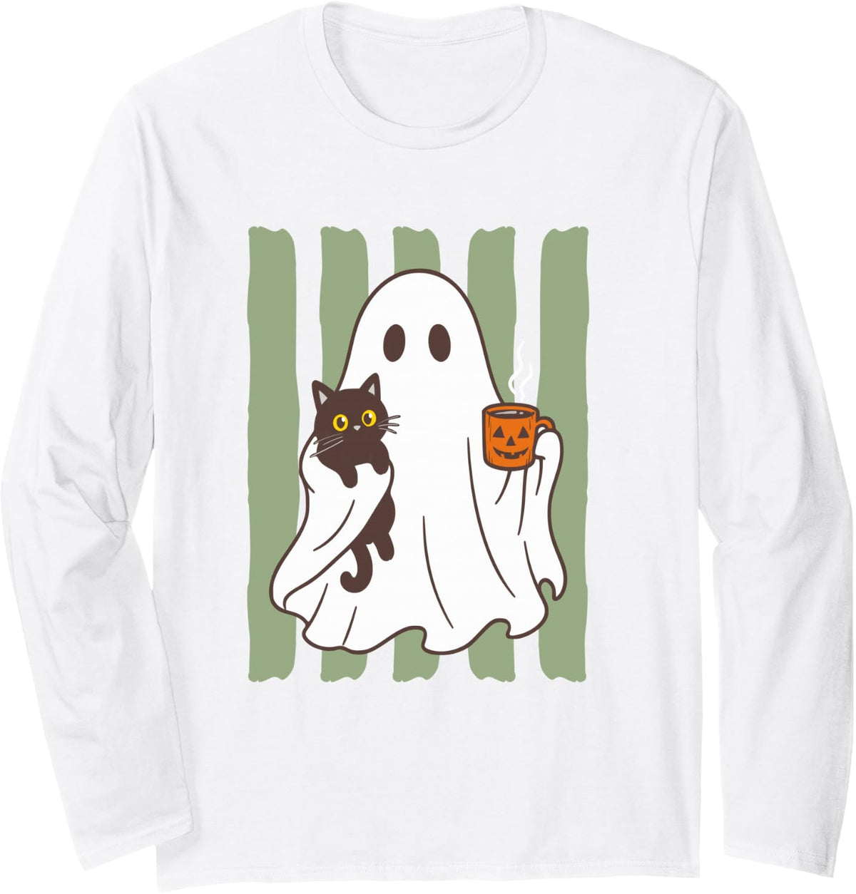 Retro Striped Halloween Ghost Cat Coffee Lover Cute Spooky Long Sleeve T-Shirt - Adult Unisex White