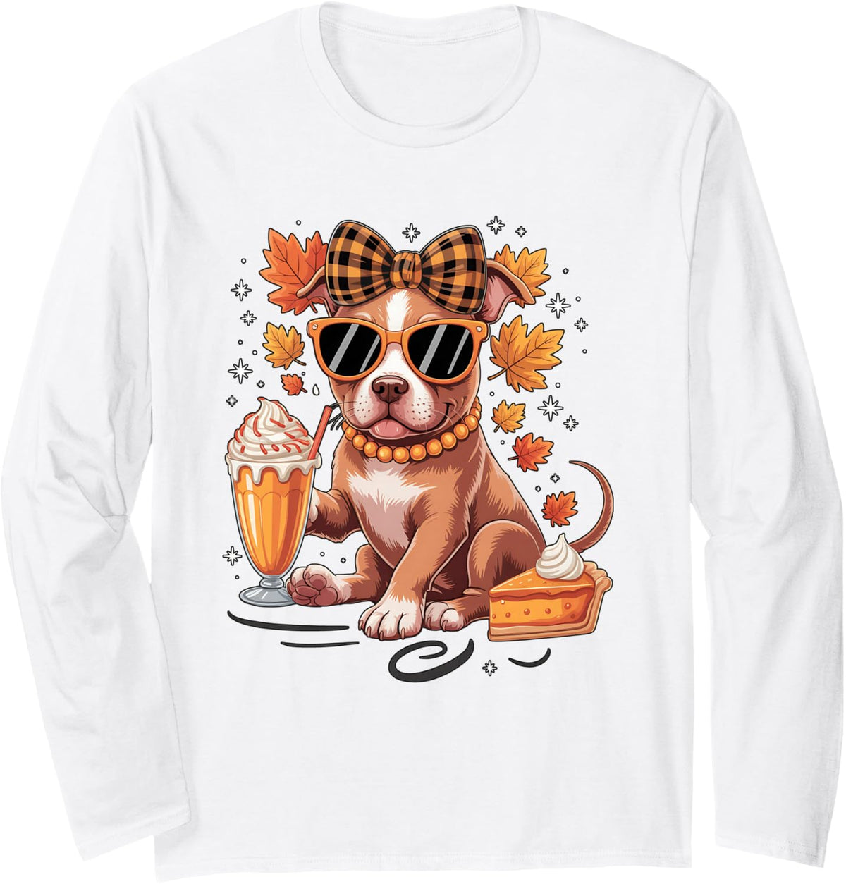 Pitbull Dog Bow Girls Women Fall Autumn Leaves Thanksgiving Long Sleeve T-Shirt - Adult Unisex White