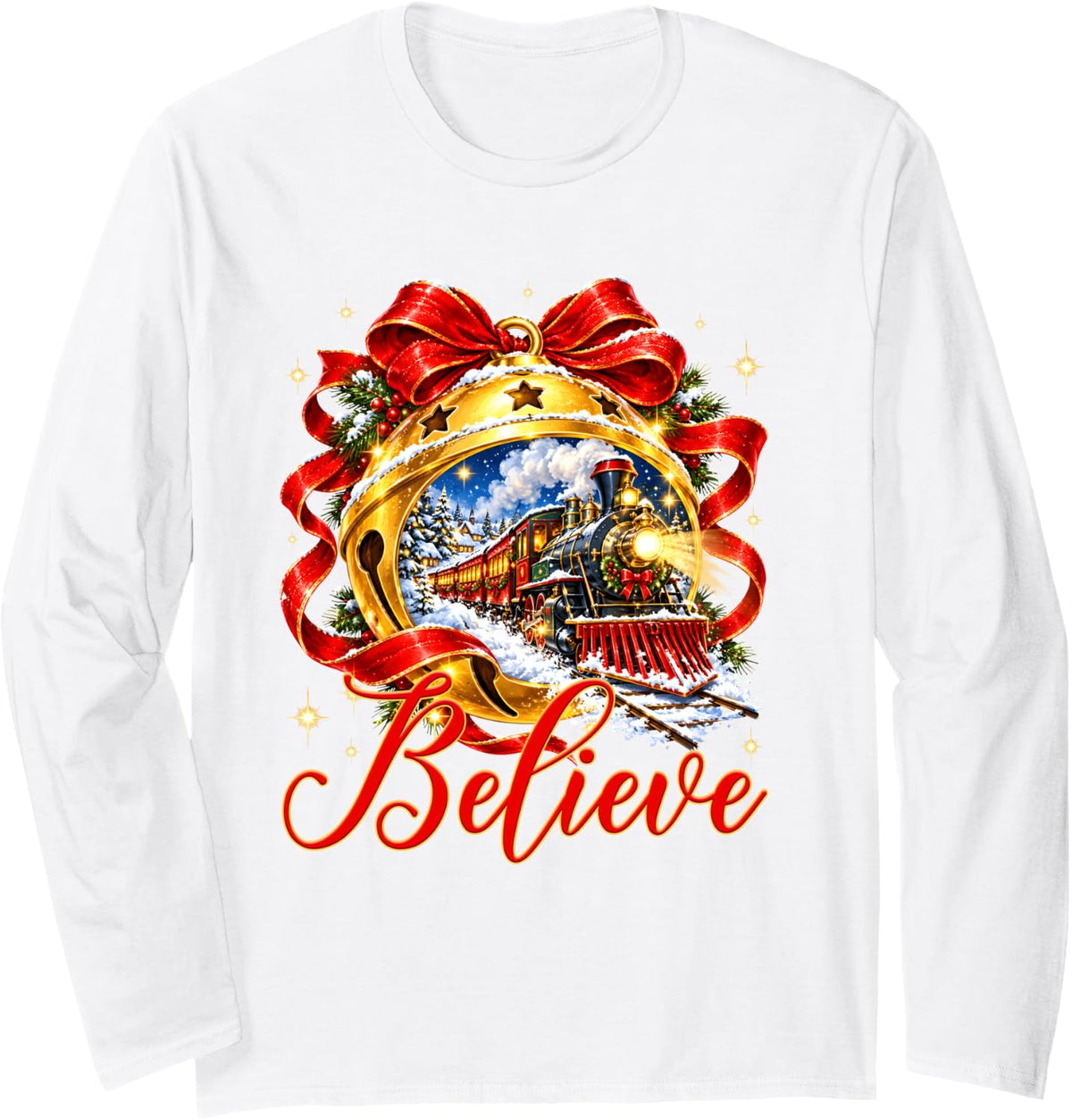 Belive Train Christmas Bell Coquette Bow Xmas Women Girls Long Sleeve T-Shirt - Adult Unisex White